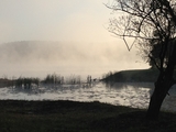 Sunrise over steaming Moon Lake in Changchun